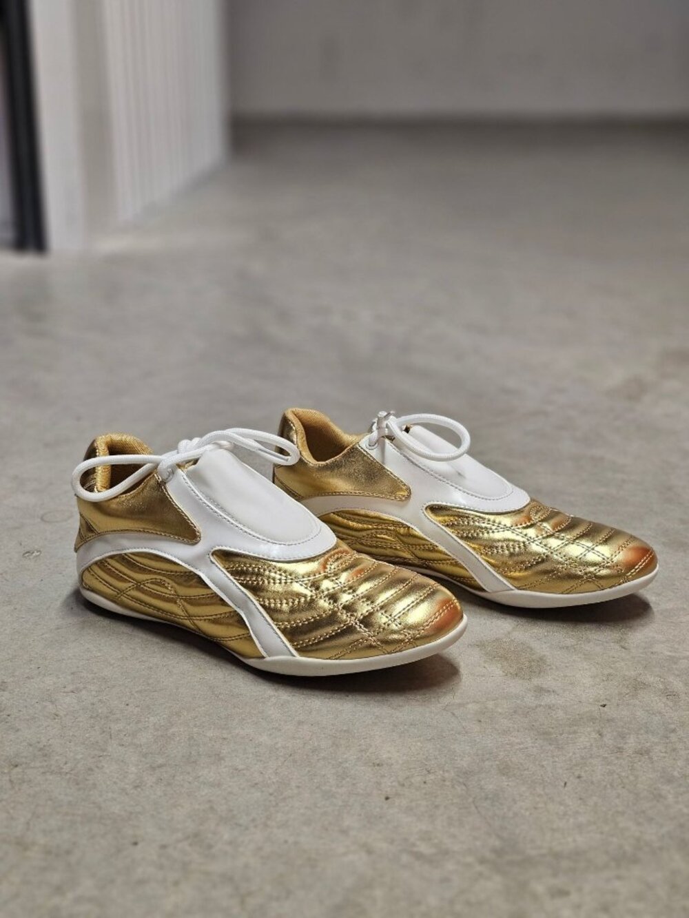 Gold & White Athletic Sneakers With Quilted Design & Lace-Up Closure - Picture 10 of 14